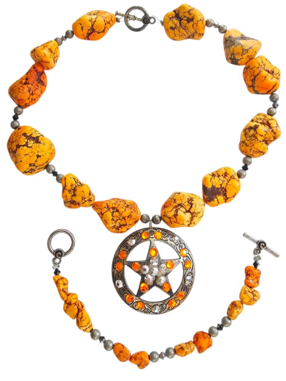Boho Chunky Orange Howlite Necklace & Bracelet Set Pentagram Star Statement